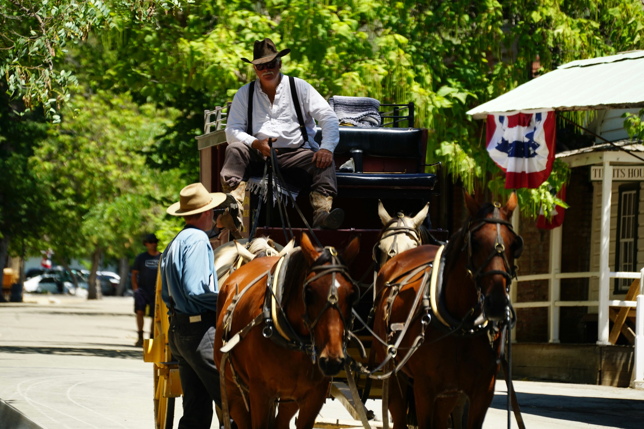 Stagecoach driver and horse team on Main Street, Columbia State Historic Park