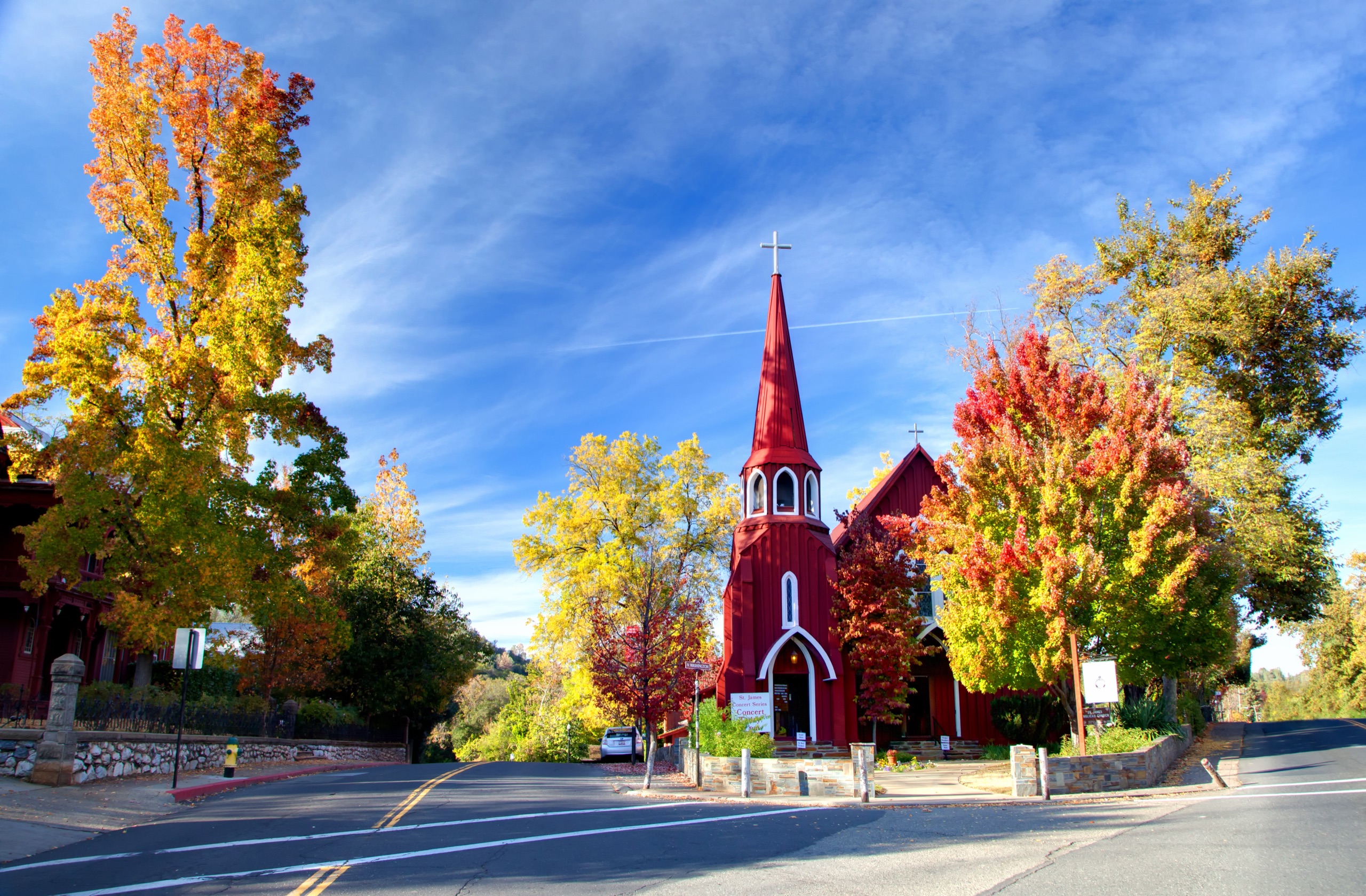 St. James Episcopal Church, the Red Church, among fall color on North Washington Street, Sonora