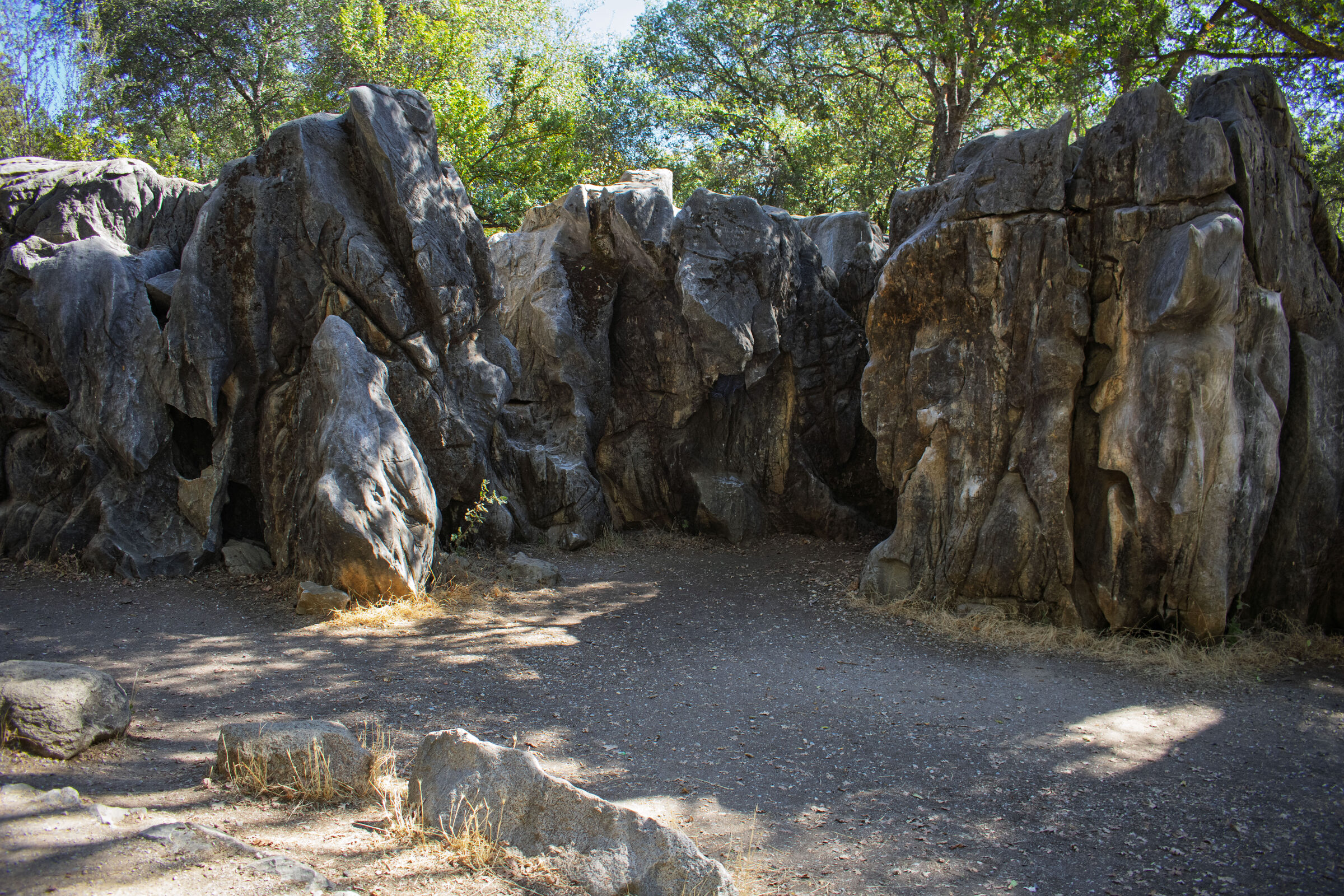 Weathered gray limestone boulders beside a dirt path in Columbia