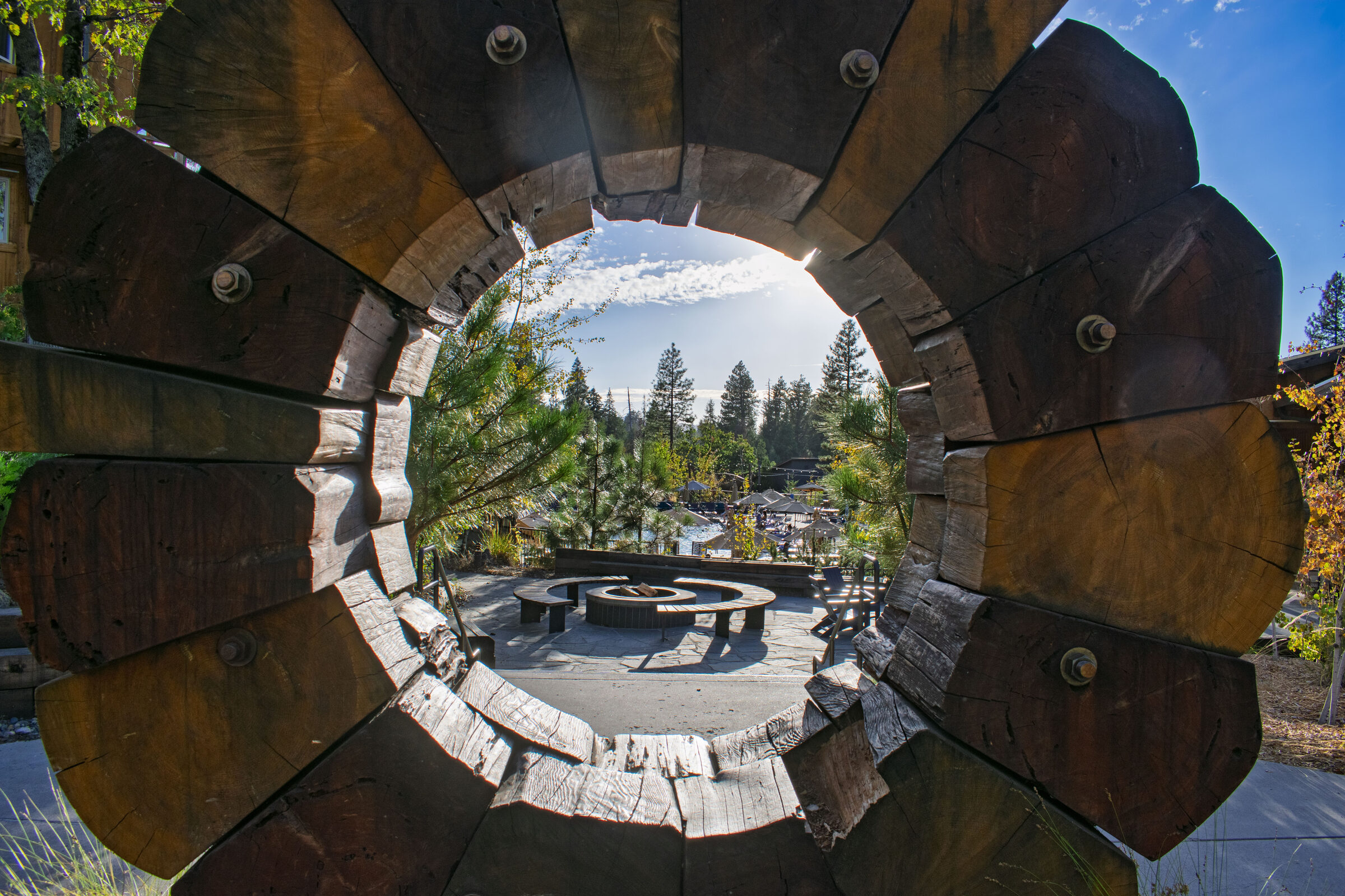 A ring of reclaimed wood framing the fire pit and pines at Rush Creek Lodge